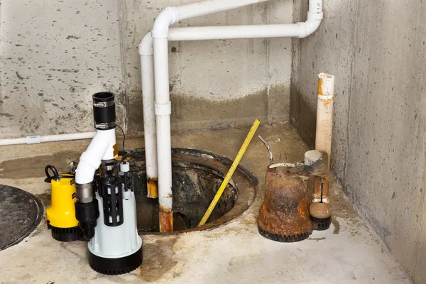 Remplacement de l'ancienne pompe de puisard dans un sous-sol — Photo
