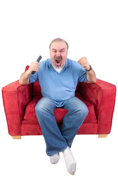 Man screaming at the television — Stock Photo, Image