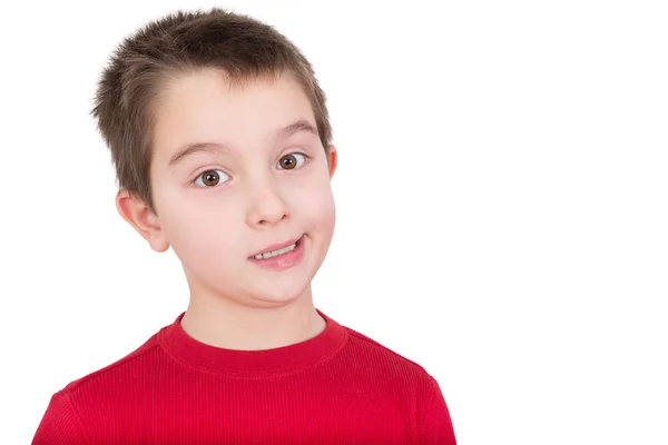 Skeptical young boy reacting in disbelief — Stock Photo, Image