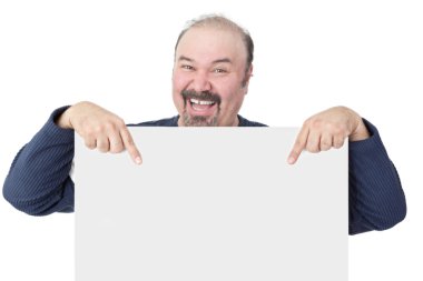 Enthusiastic man pointing to a blank white sign clipart