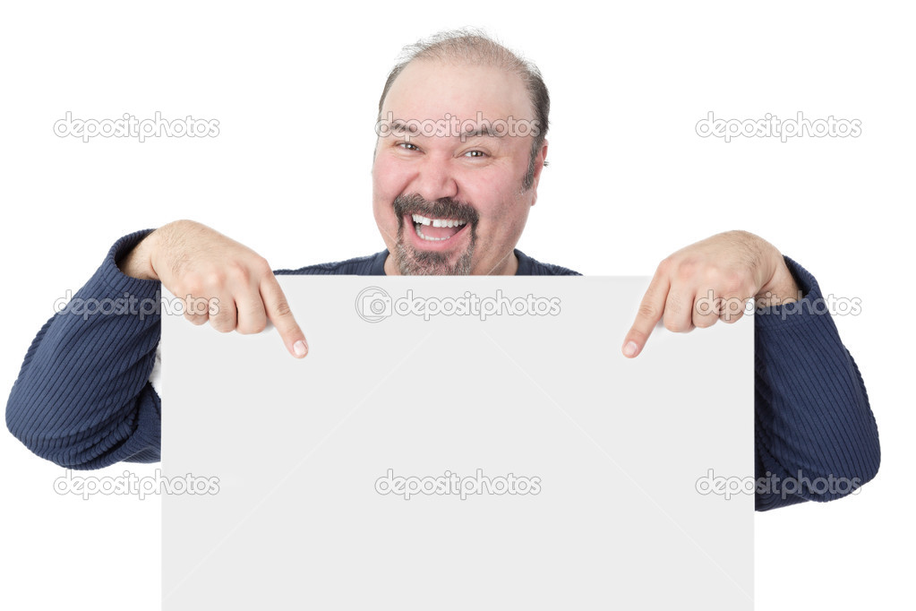 Enthusiastic man pointing to a blank white sign
