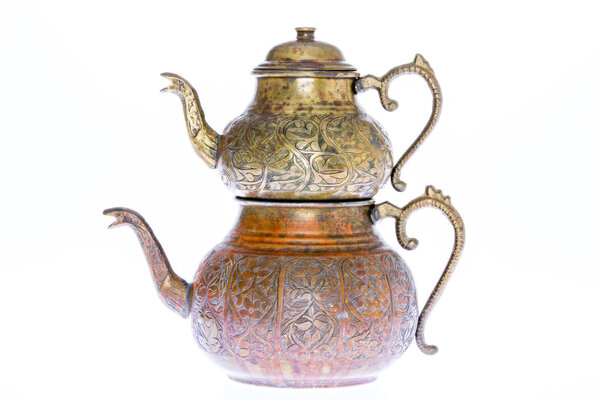 Antique style engraved copper Turkish teapot