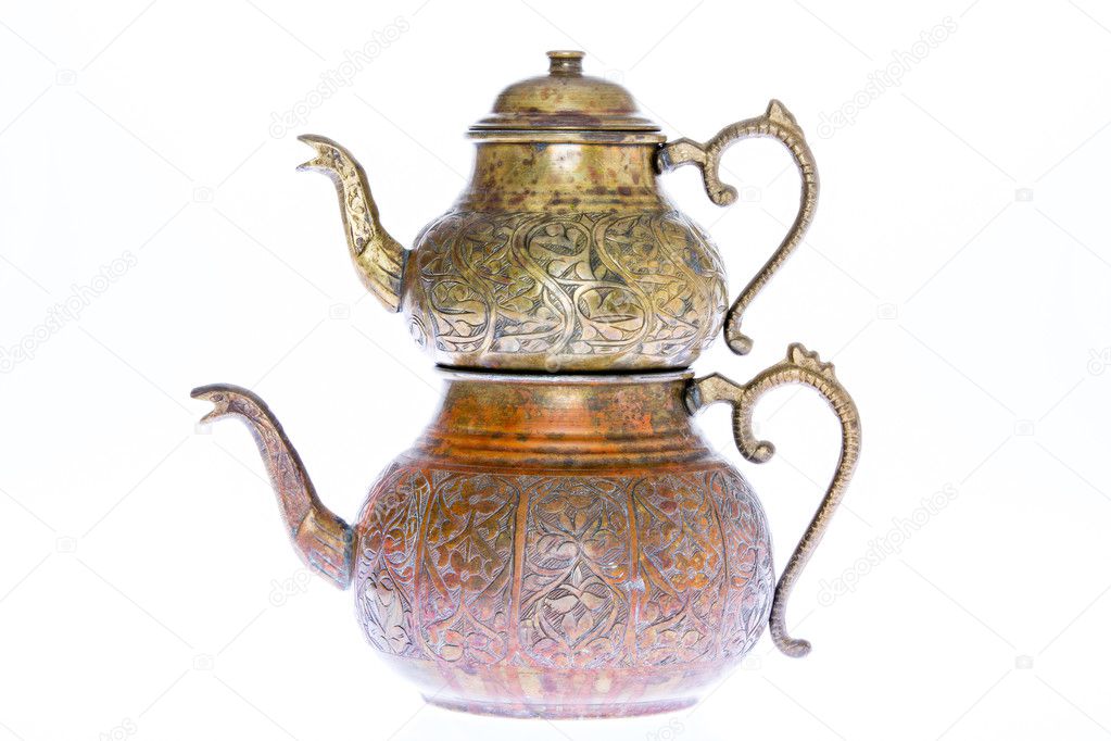 Antique style engraved copper Turkish teapot