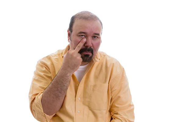 Man gesturing touching his nose with a finger — Stock Photo, Image