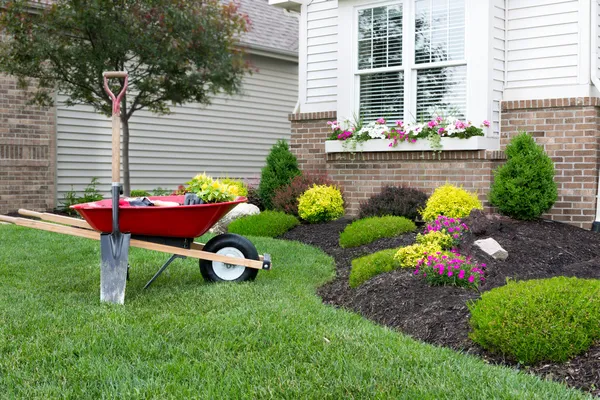 Planting a celosia flower garden around a house — Stock Photo, Image