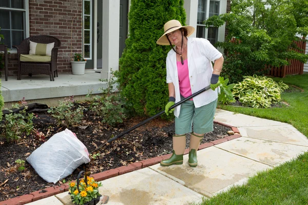 Old lady at work in the garden cleaning flowerbeds — Stock Image Old lady at work in the garden cleaning flowerbeds Stock Picture
