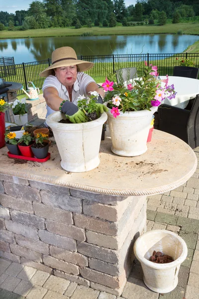 Senior dam förbereder prydnadsväxter krukor — Stockfoto