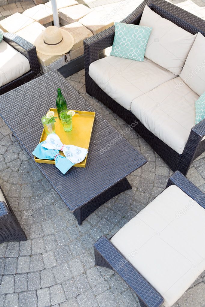 Upmarket outdoor patio with garden furniture