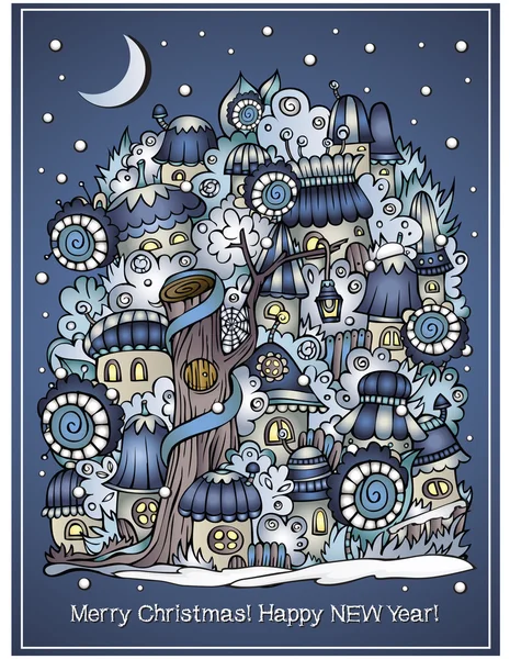Зимняя сказочная городская открытка — стоковый вектор