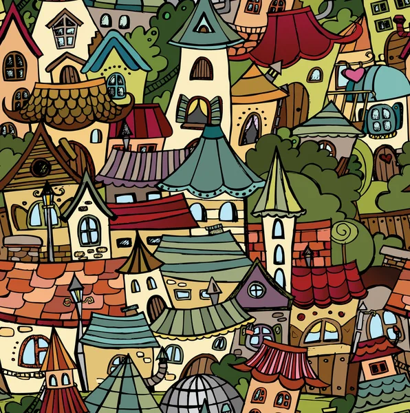 Cartoon vector sprookje tekening van de stad. naadloze patroon — Stockvector