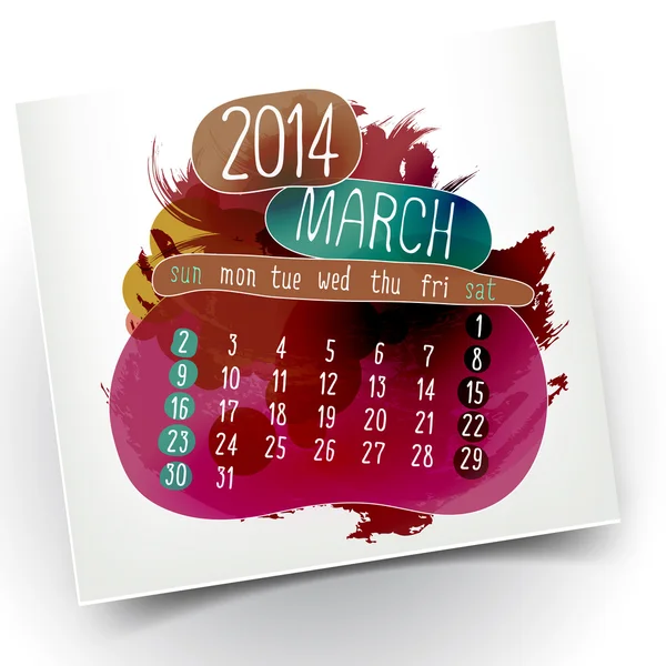 Marzo mes año 14 vector dibujado a mano Tarjeta de calendario — Vector de stock