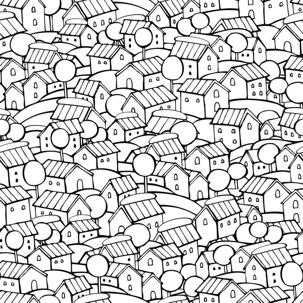 卡通矢量童话冬季绘图的房子无缝模式 — 图库矢量图片