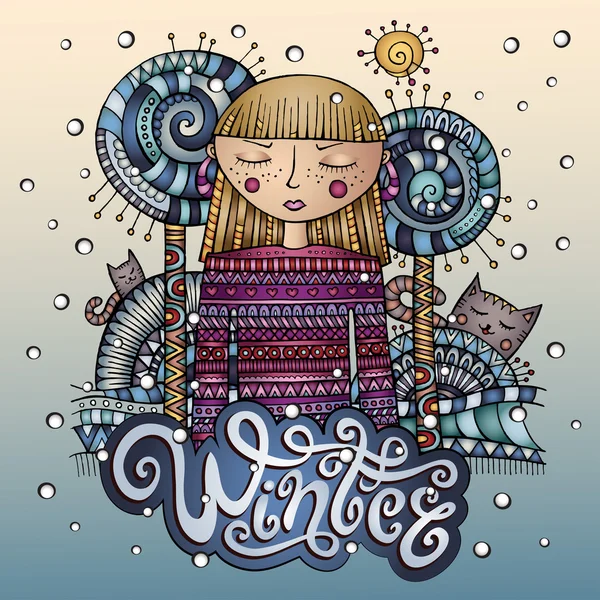 Desene animate iarna fata poștală — Vector de stoc
