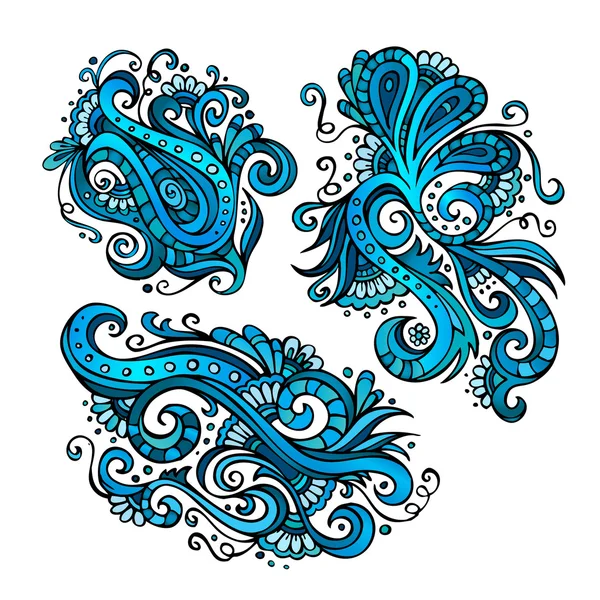Tre vektor dekorativa hand dras blå blommor — Stock vektor