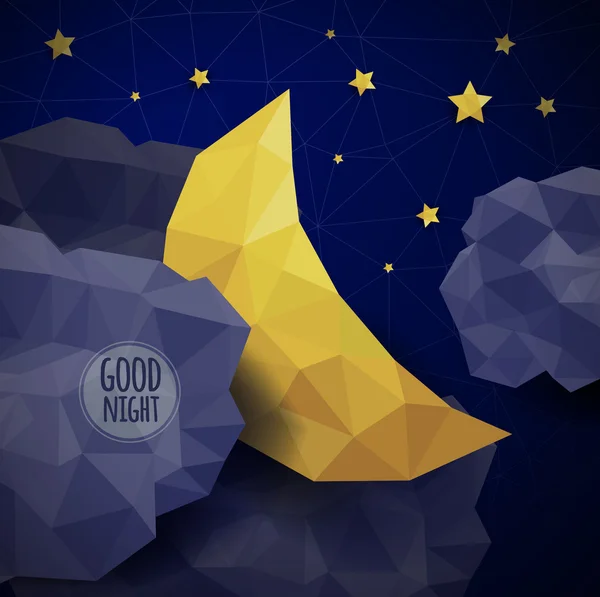 Fondo triangular con nubes, luna nueva y estrellas — Vector de stock