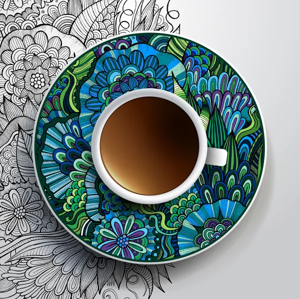 Tazza di caffè e ornamento floreale disegnato a mano su un piattino — Vettoriale Stock