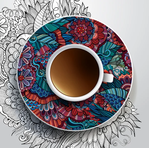 Tasse Kaffee und handgezeichnetem Blumenschmuck auf einer Untertasse Stockillustration