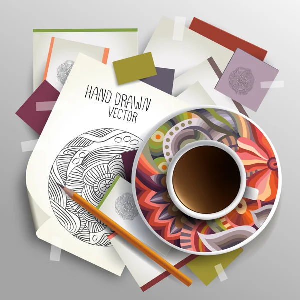 Coffee cup on sketches and paper concept idea — Stock Photo, Image