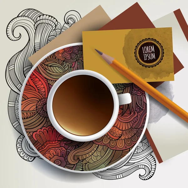 Kop af kaffe, visitkort og ornamenter – Stock-vektor