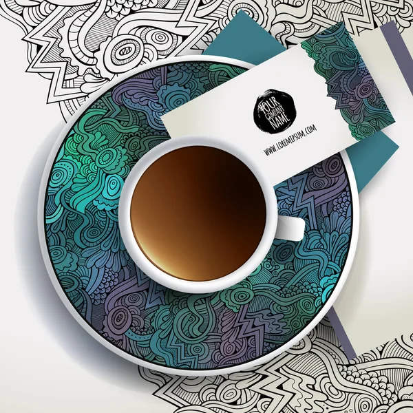 Kopje koffie en floral ornament — Stockvector