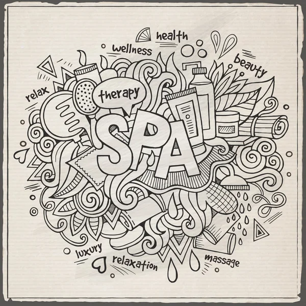 Spa 手刻字和涂鸦元素背景. — 图库矢量图片