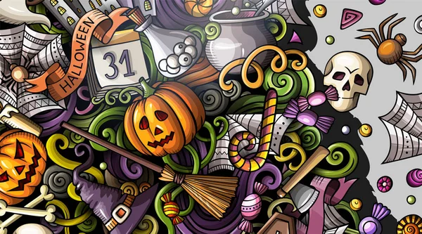 Tekenfilm Leuke Kleurrijke Raster Hand Getekend Doodles Halloween Achtergrond Horizontaal — Stockfoto