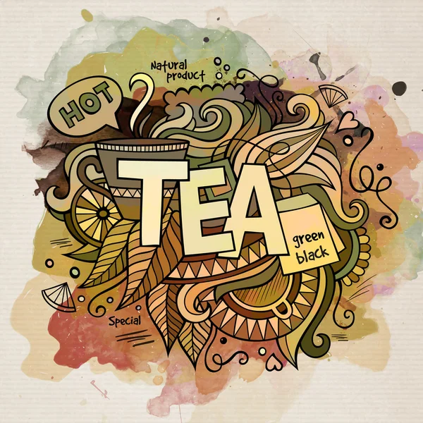 Tea akvarell rajzfilm kézzel betűk és doodles elemek — Stock Vector