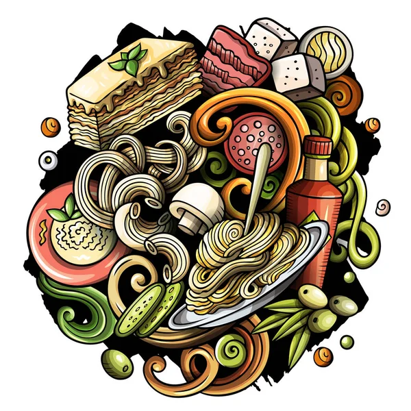 Cartoon Raster Doodles Italian Food Illustration Inglés Colorido Detallado Con —  Fotos de Stock