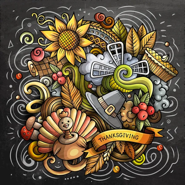 Thanksgiving hand drawn cartoon doodles illustration. Funny holiday design. Creative raster background. Harvest symbols, elements and objects. Colorful chalkboard composition