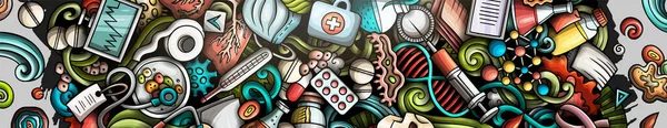 药物手绘涂鸦横幅 卡通光栅详细的传单 用医疗物品和符号来说明 色彩斑斓的背景 — 图库照片