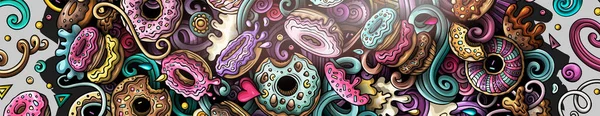 Пончики Нарисовали Баннер Каракулями Мультфильм Подробные Иллюстрации Сладкая Пищевая Идентичность — стоковое фото