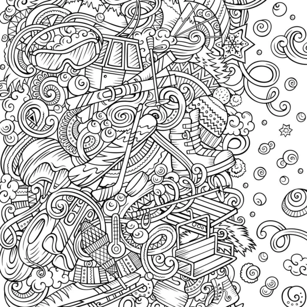 Sporty zimowe ręcznie rysowane rastrowe doodles ilustracji. Projekt ośrodka narciarskiego. — Zdjęcie stockowe