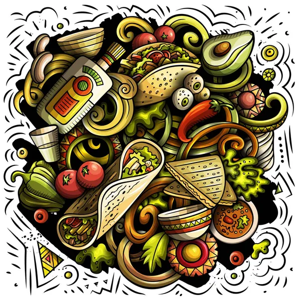 Comida mexicana dibujada a mano raster garabatos ilustración. Diseño de póster de cocina . — Foto de Stock