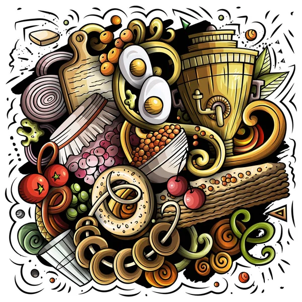 Russo comida mão desenhada raster doodles ilustração. Rússia pôster da cozinha — Fotografia de Stock