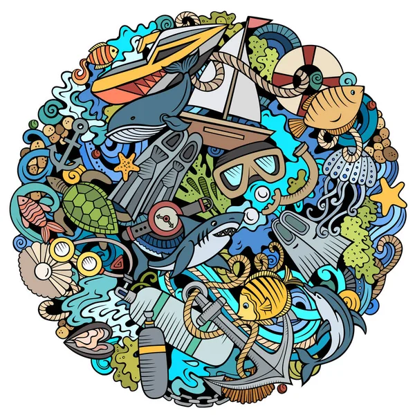 Mergulho desenho animado raster doodles ilustração. Design de cartaz de esportes aquáticos. — Fotografia de Stock