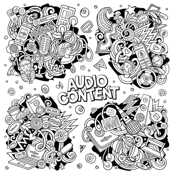 Audio content cartoon raster doodle designs set.