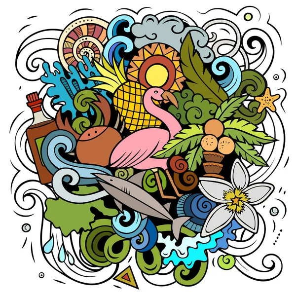 巴哈马卡通光栅涂鸦插图 五颜六色的详细构图 有许多热带物体和符号 — 图库照片