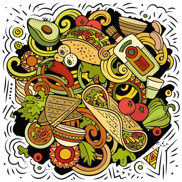 メキシコ料理の手は ラスターのドアのイラストを描いた 料理ポスターデザイン メキシコメニュー要素とオブジェクト漫画の背景 明るい色面白い画像 すべてのアイテムが分離 — ストック写真