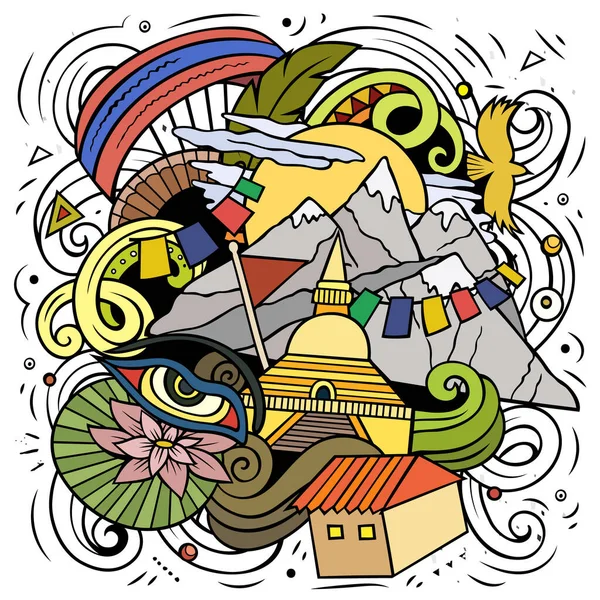 尼泊尔卡通光栅涂鸦插图 五颜六色的详细构图 有许多尼泊尔的物体和符号 — 图库照片