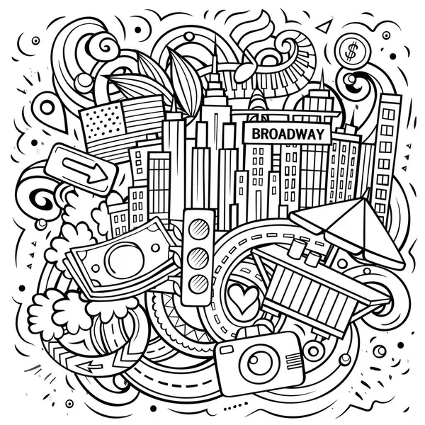 New York cartoon raster doodle illustration. Sketchy detailed composition with lot of USA objects and symbols.