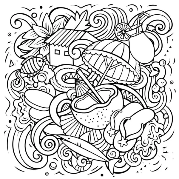 塞舌尔卡通光栅涂鸦插图 带有大量异国岛屿物体和符号的简洁而细致的构图 — 图库照片