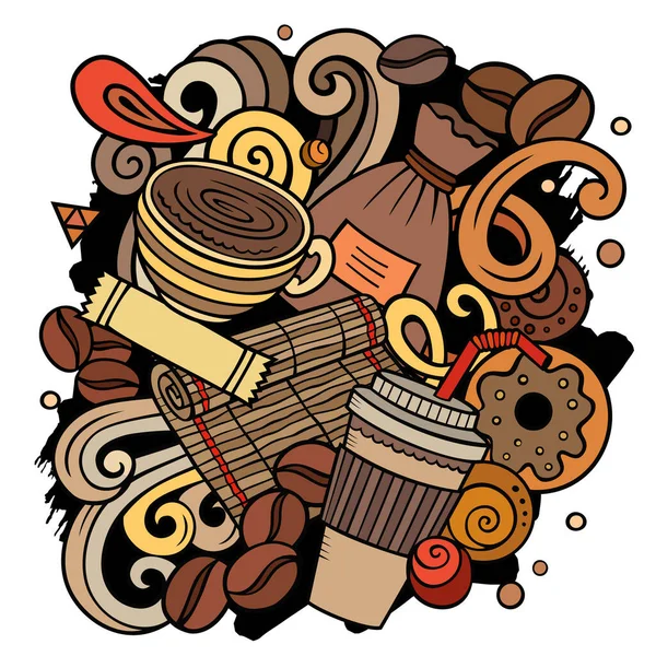 Dibujos Animados Raster Garabatos Ilustración Coffee House Colorido Detallado Con — Foto de Stock