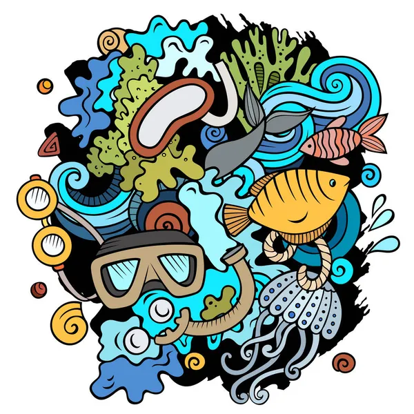 Diving Cartoon Raster Doodles Illustration Wassersport Elemente Und Objekte Hintergrund — Stockfoto