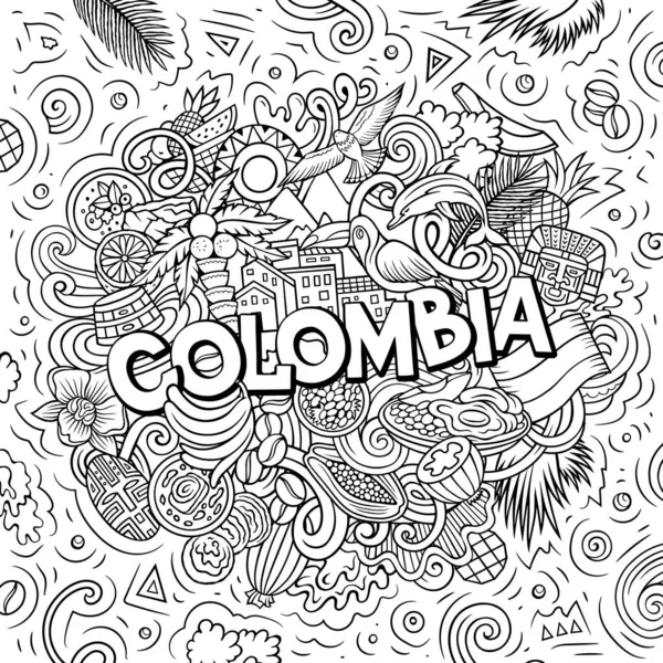 Colombia dibujado a mano ilustración garabato de dibujos animados. Diseño colombiano divertido. —  Fotos de Stock