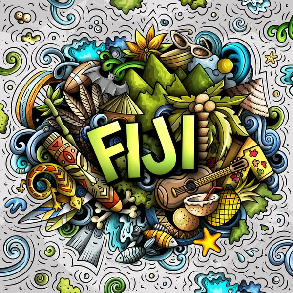 Fiji dibujado a mano dibujos animados garabatos ilustración. Diseño de viaje divertido. —  Fotos de Stock