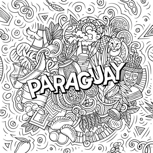 Paraguay hand drawn cartoon doodle illustration. Funny local design. Creative raster background. Handwritten text with Latin American elements and objects.