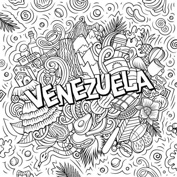 委内瑞拉手绘卡通画 有趣的地方设计 创意光栅背景 带有拉丁美洲元素和对象的手写文本 — 图库照片