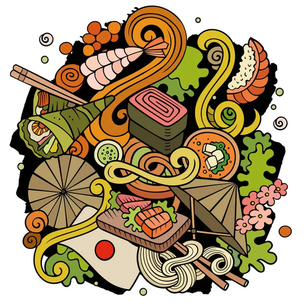 Cartoon Raster Doodles Japón Ilustración Alimentos Colorido Detallado Con Muchos —  Fotos de Stock