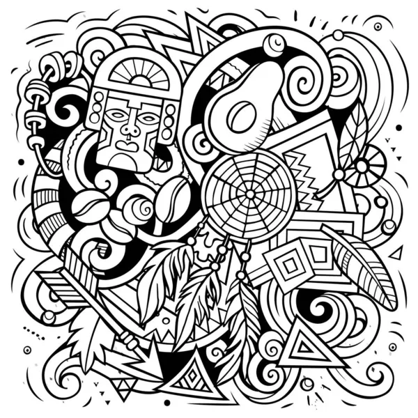 秘鲁卡通光栅涂鸦插图 带有大量秘鲁物品和符号的简洁而细致的构图 — 图库照片