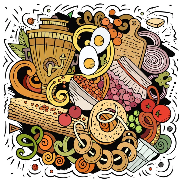 斯拉夫食物手绘光栅涂鸦图解 美食海报设计 国家元素和对象的卡通背景 明亮的颜色有趣的图片 — 图库照片